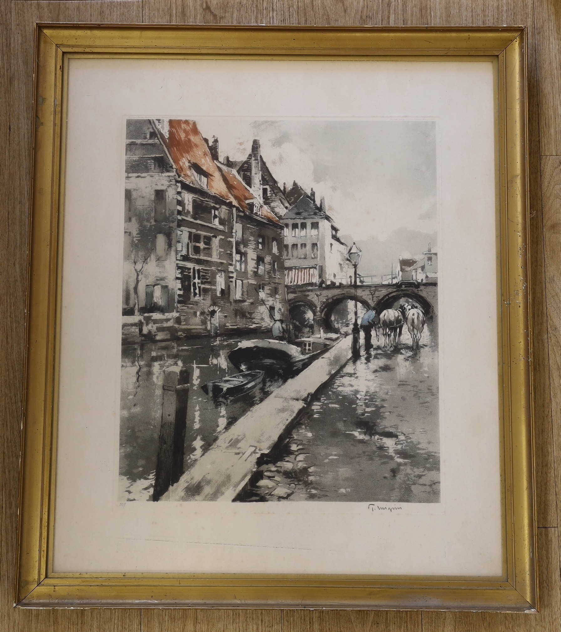 T. Magrini, coloured etching, Dutch canal scene, signed in pencil, 52 x 43cm